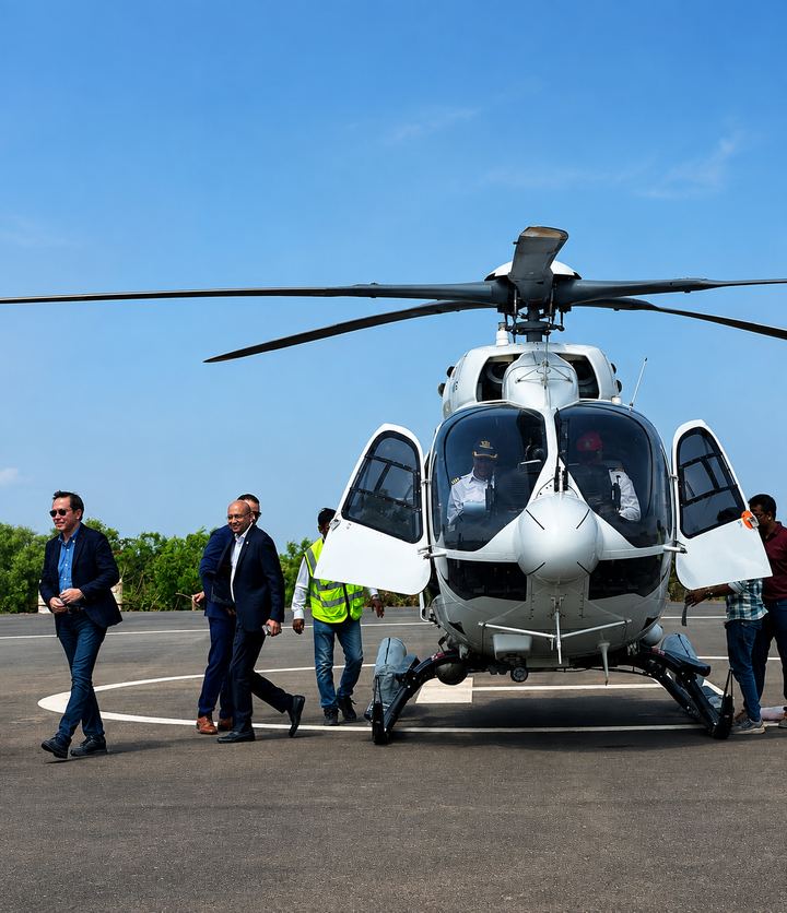 A helicopter on the UBCC campus helipad