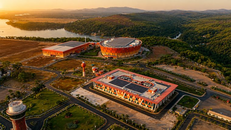 Aerial view of the UBCC campus at dusk