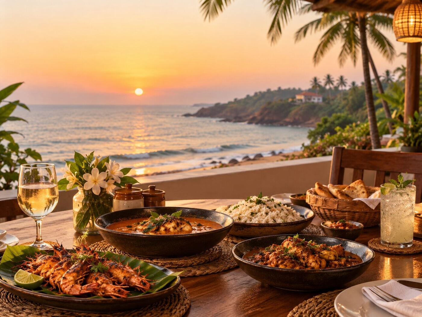 Coastal Goan cuisine and dining at sunset