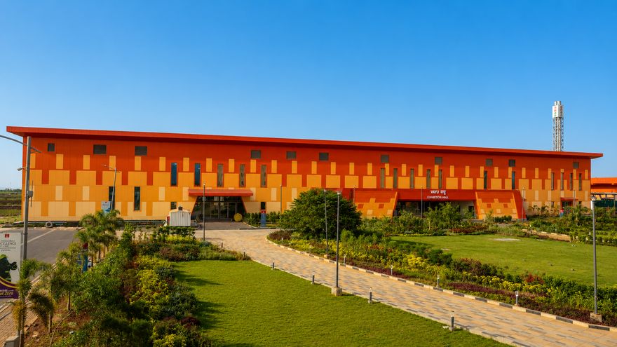 Vayu exhibition hall exterior with orange facade